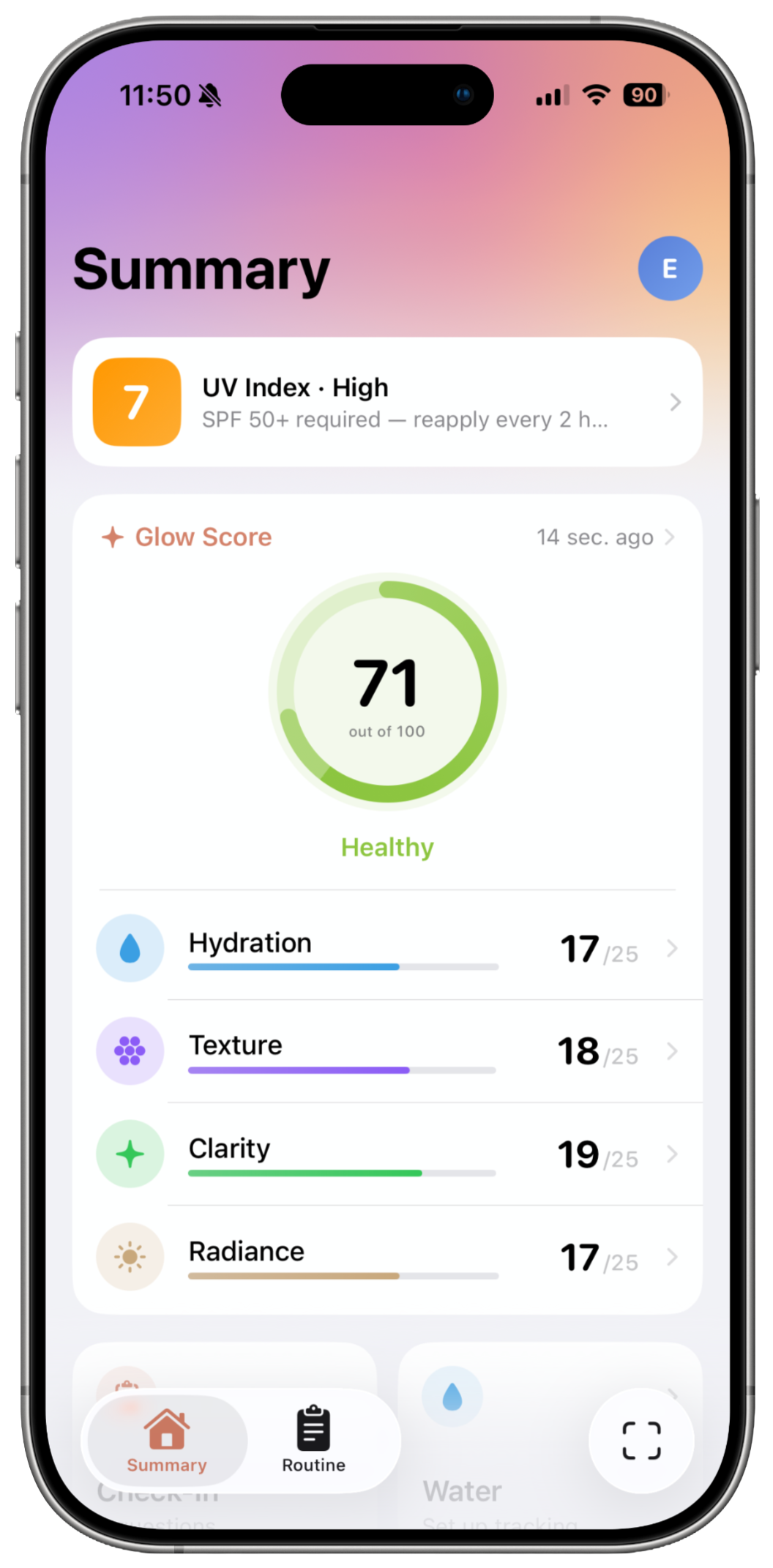 GlowCheck AI Glow Score with hydration, texture, clarity, and radiance breakdown