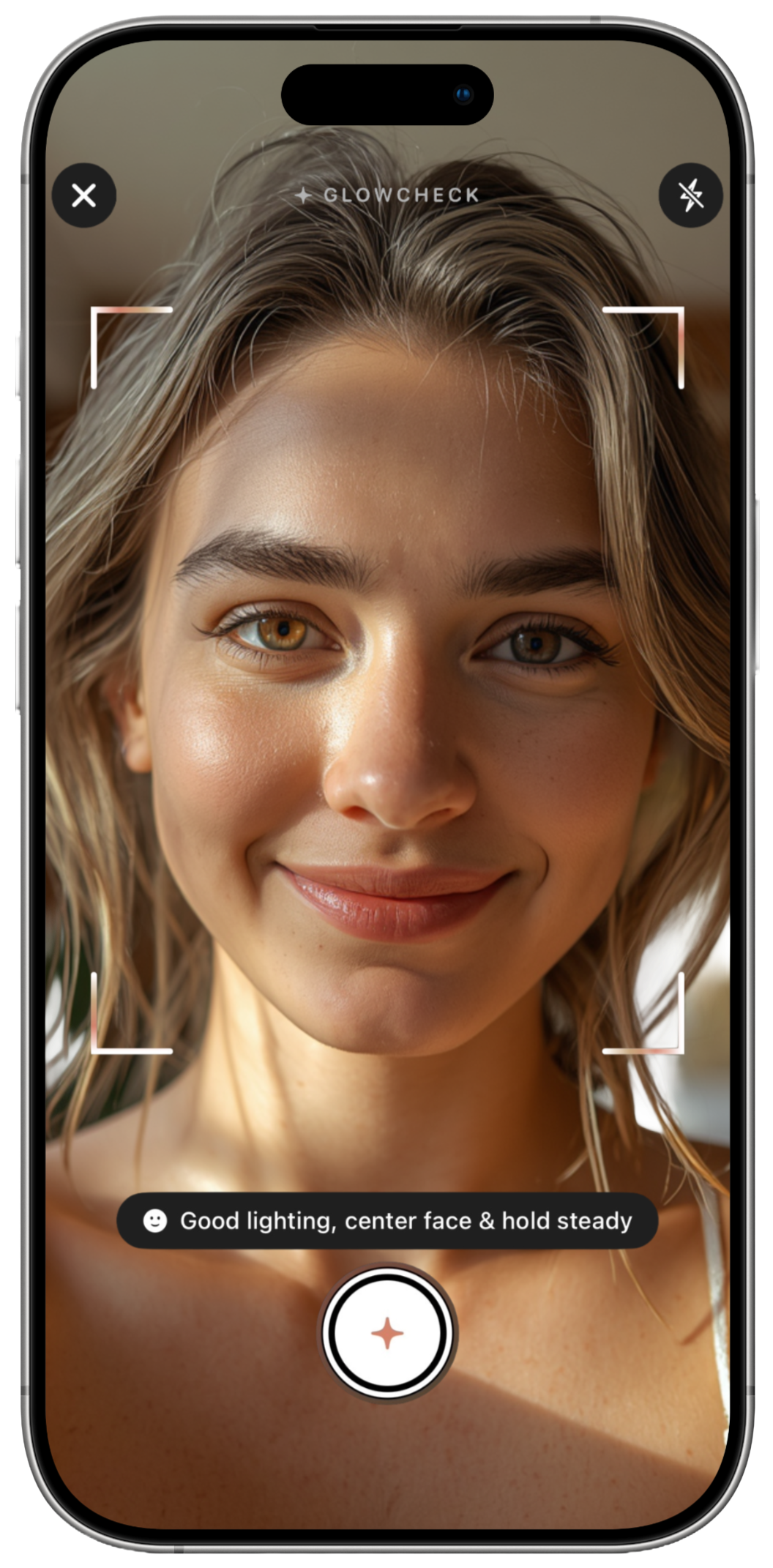 Woman scanning her face with GlowCheck AI